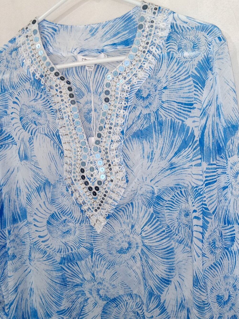 Chico’s Nautilus Swirl Georgette Tunic Top Blue Beaded Kurta 3/4 Sleeve Size L - Picture 2 of 13
